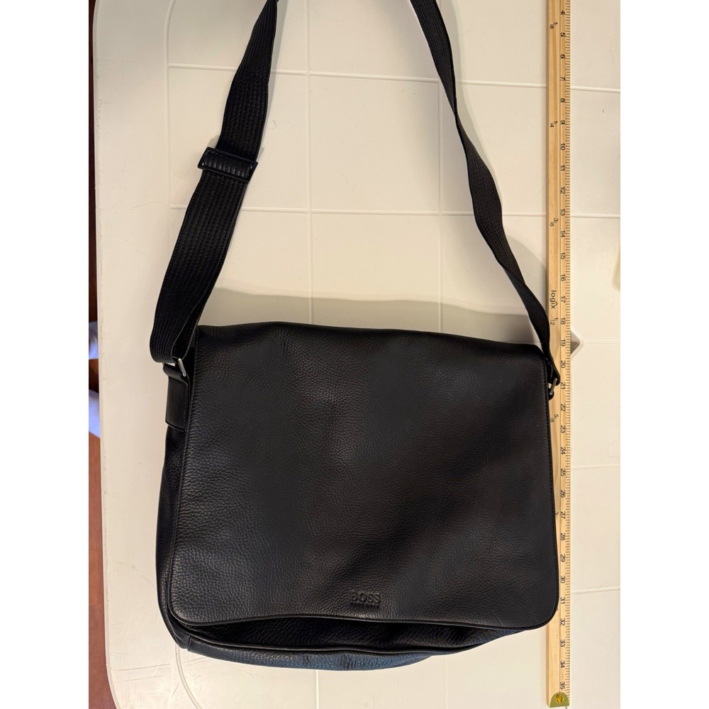 BOSS Black Leather Men's Messenger Bag with Shoulder Strap for Work Travel